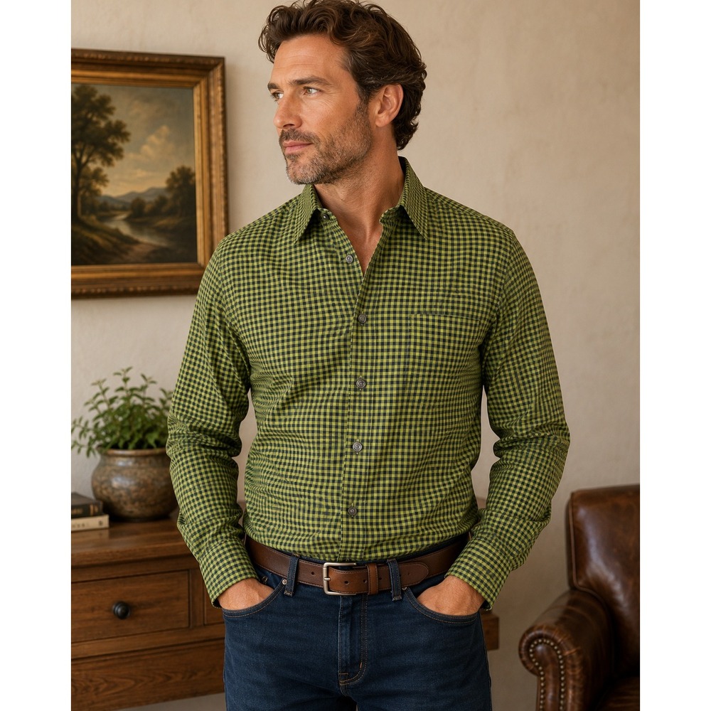 Scott Barber Mens Green Gingham Check Cotton Button‎ Down Shirt  L Long Sleeve
